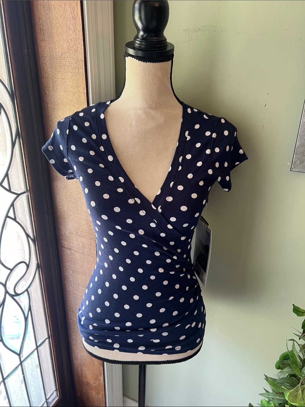 Forever 21 Navy and White Polka Dot Short Sleeve Wrap Tee
